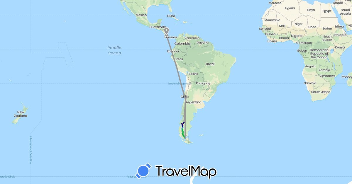 TravelMap itinerary: driving, bus, plane, hiking, boat in Argentina, Chile, Costa Rica, Peru (North America, South America)